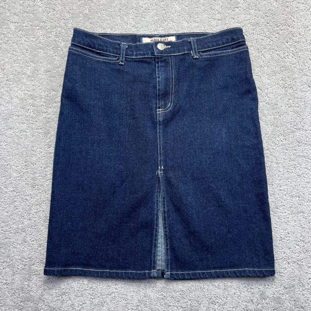 VINTAGE 90s Paris Blues Pencil Skirt Womens Sz 5 Blue Dark Wash Denim Front Slit